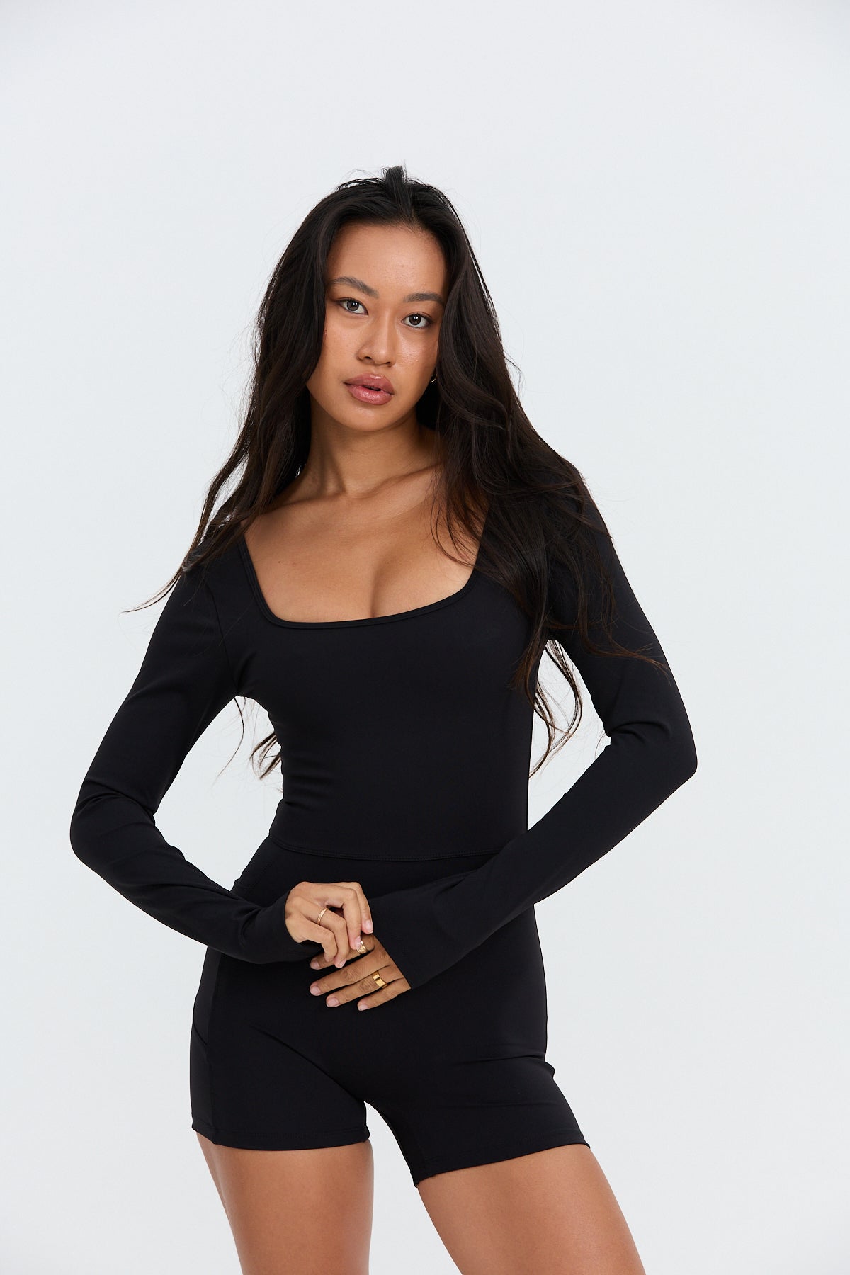 Long Sleeve Active Romper - Black