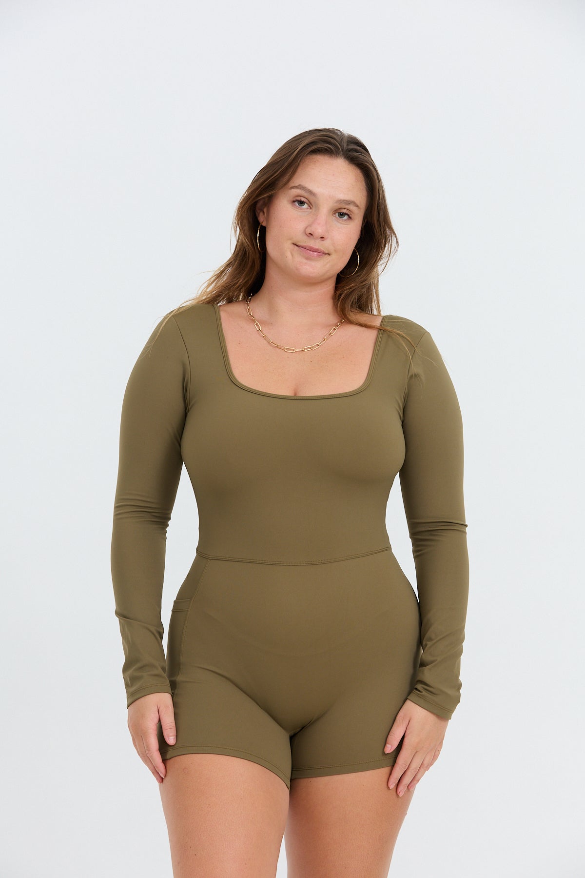 Long Sleeve Active Romper - Khaki