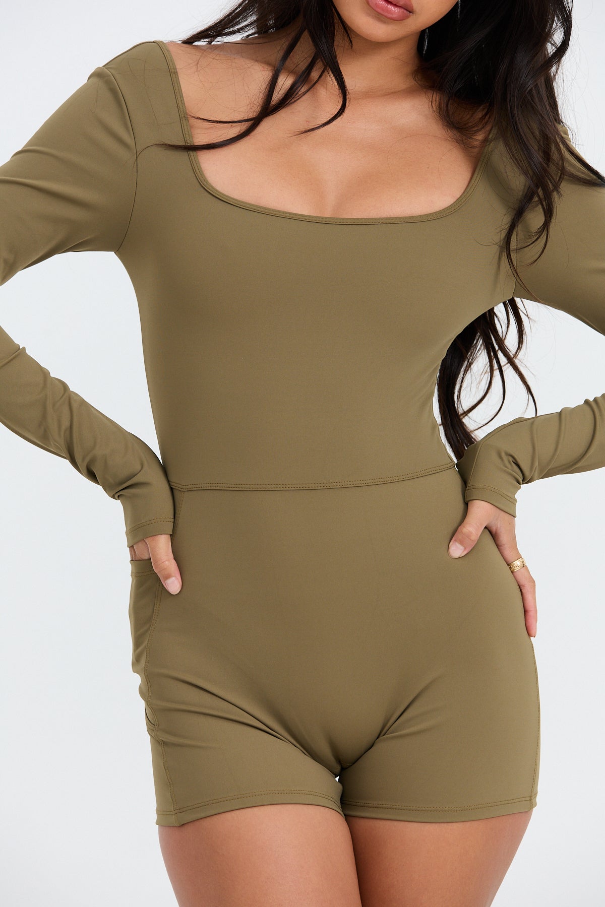 Long Sleeve Active Romper - Khaki