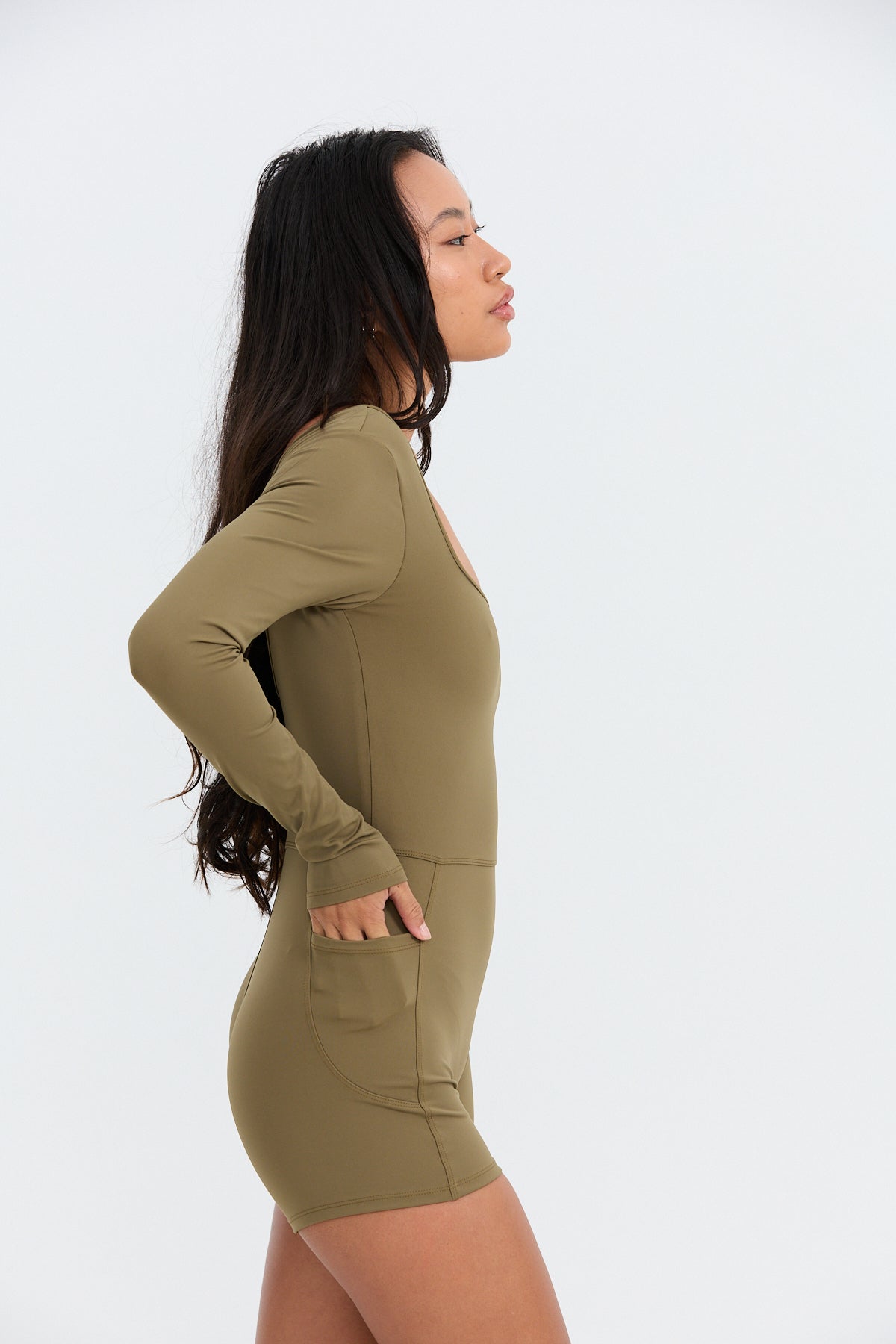 Long Sleeve Active Romper - Khaki