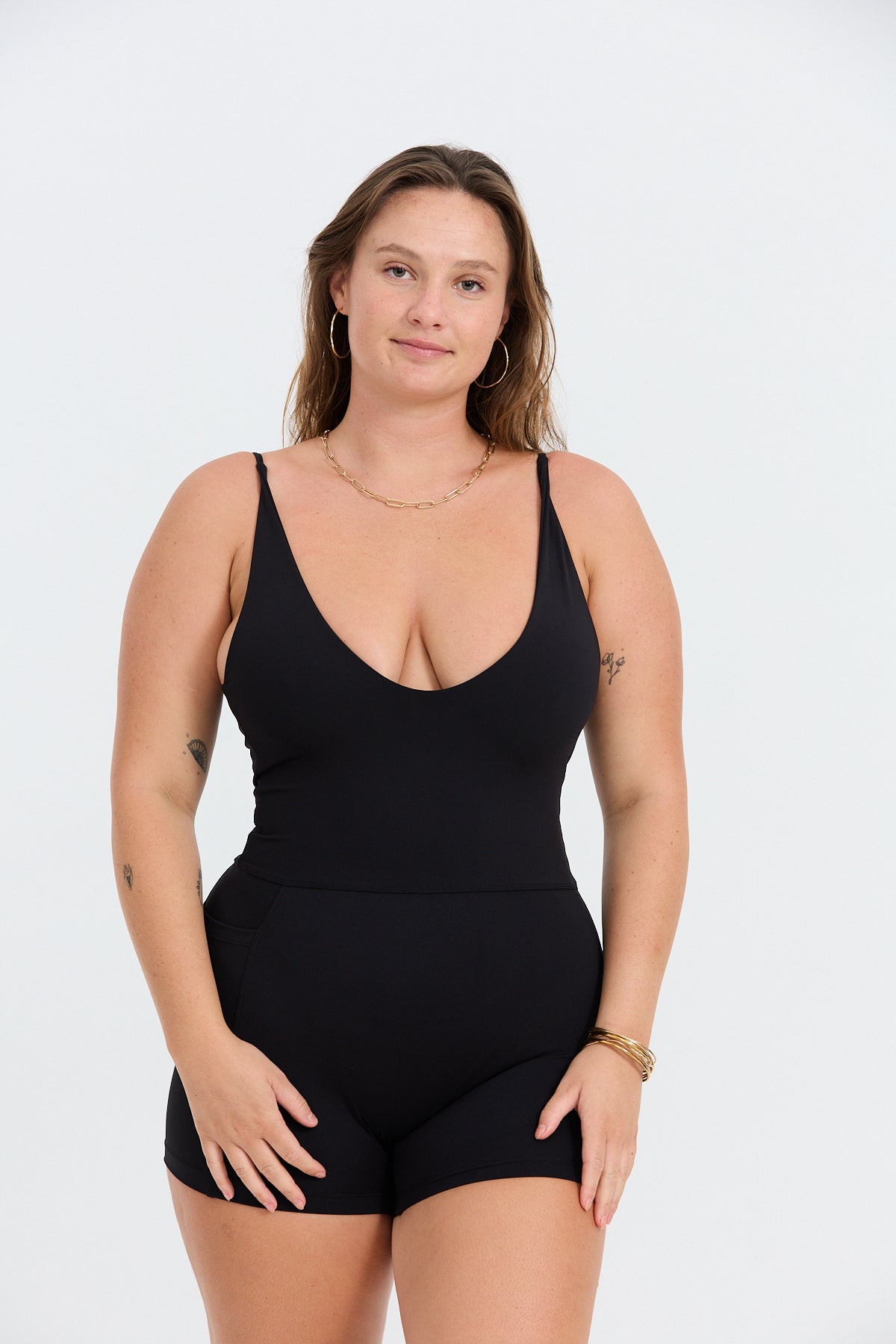 V-Neck Active Romper - Black