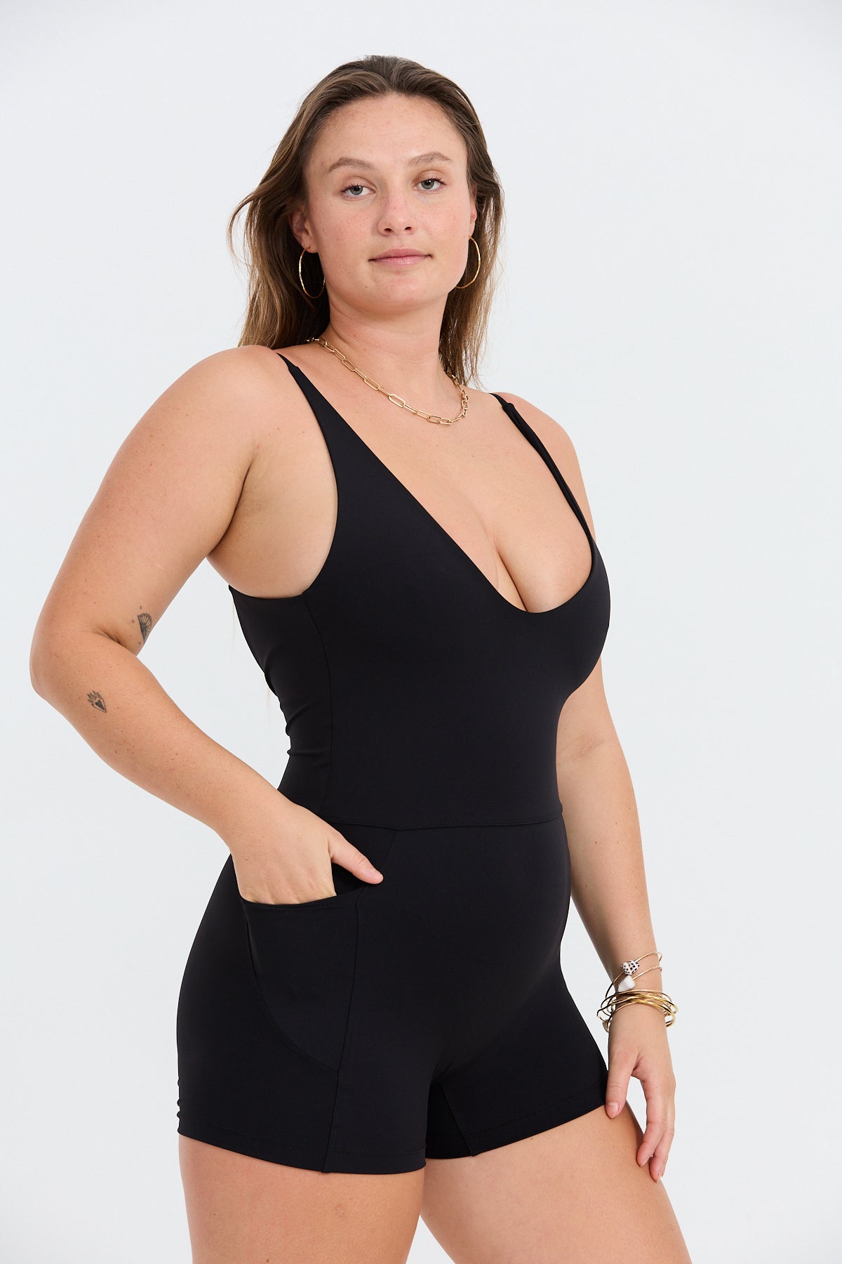 V-Neck Active Romper - Black