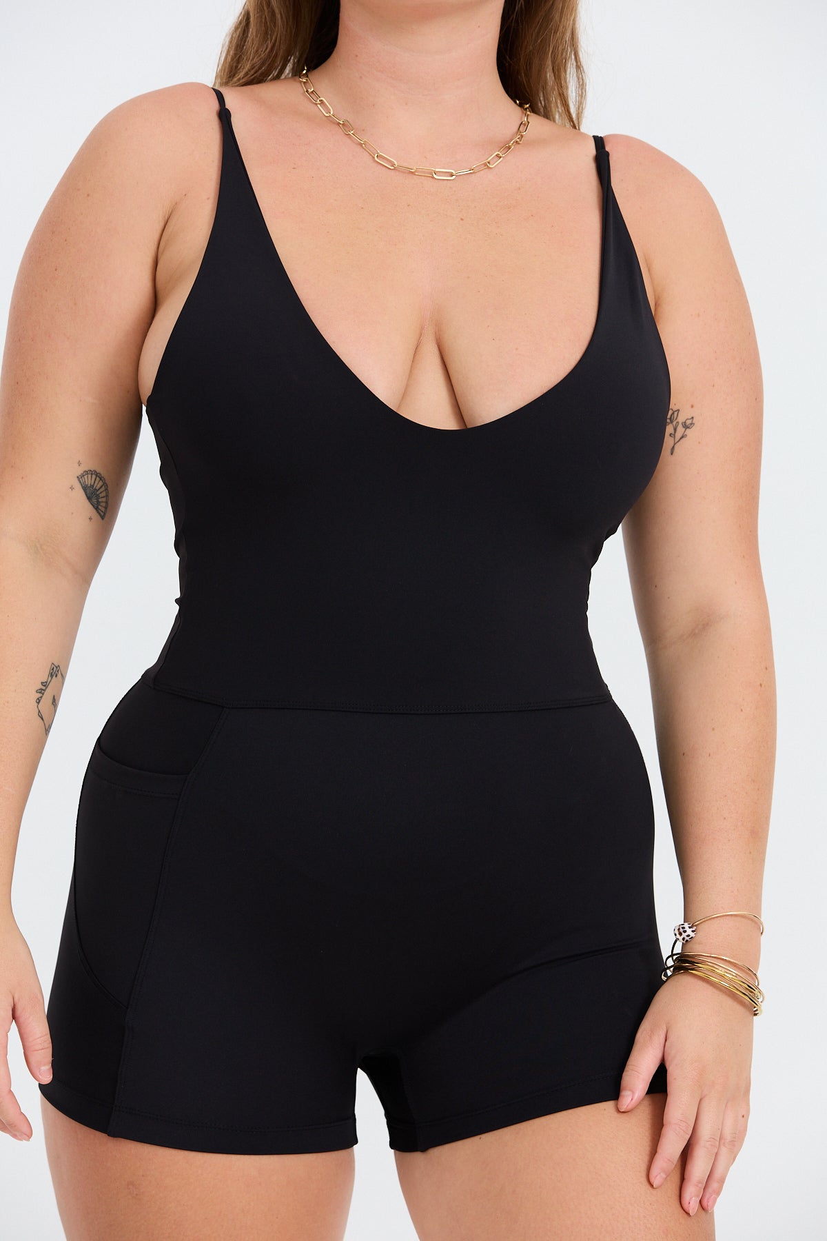 V-Neck Active Romper - Black