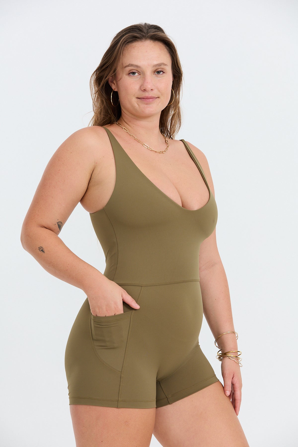 V-Neck Active Romper - Khaki