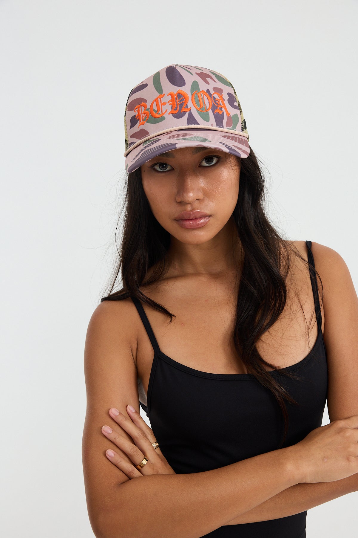 Embroidered Trucker Hat - Spotted Camo w/ Orange